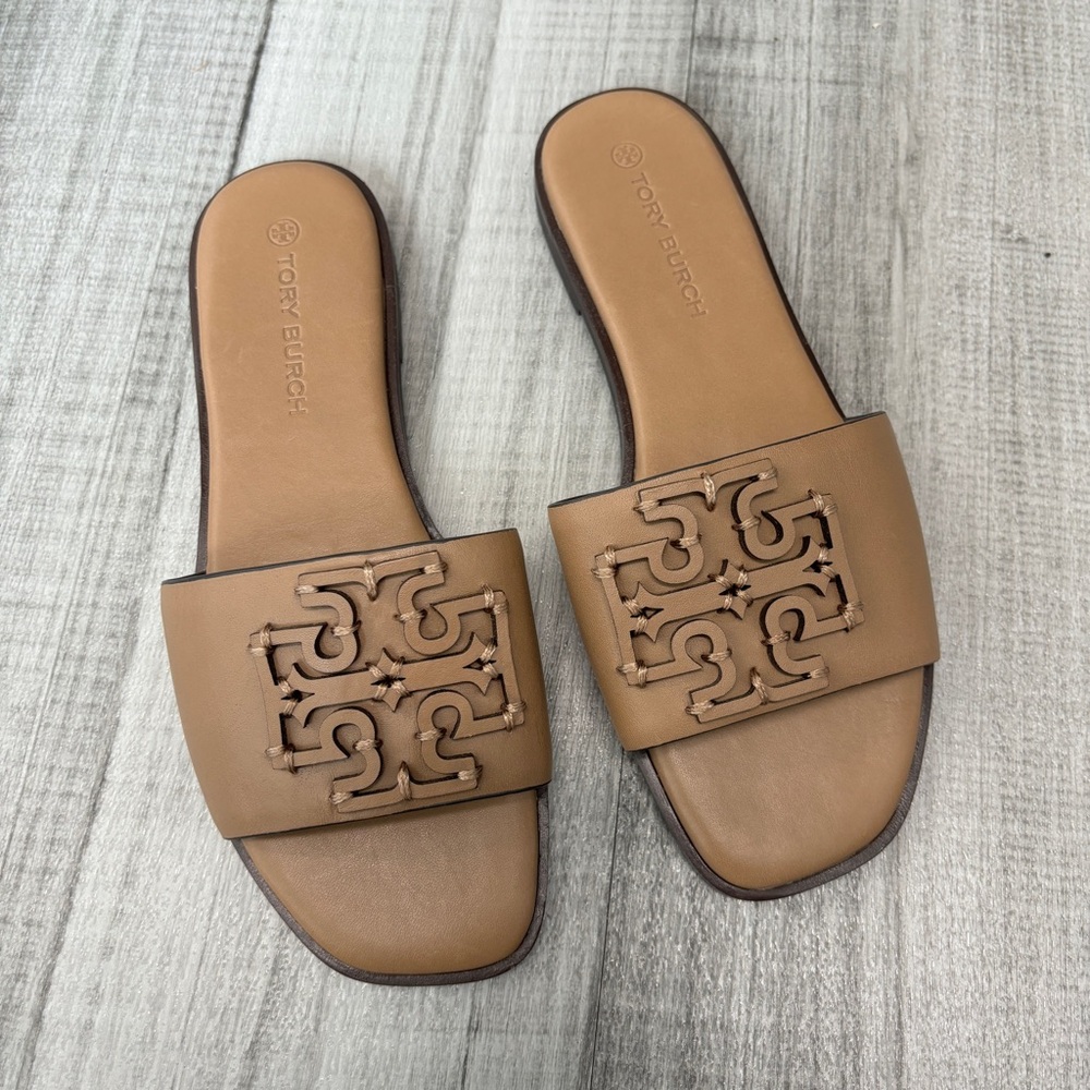Tory Burch Ines Single Band Slides Almond Flour Tan Brown Leather Sandals Logo